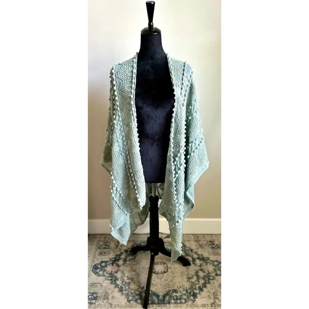 SAACHI Textured Pom Pom Kimono Wrap in Sage Green One Size